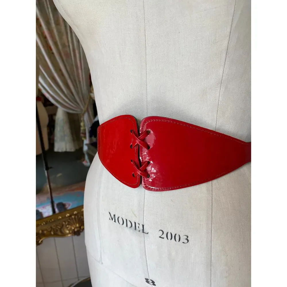 vintage 1980s red patent corset belt, 80s accessories, cinch, graduated, hot, m